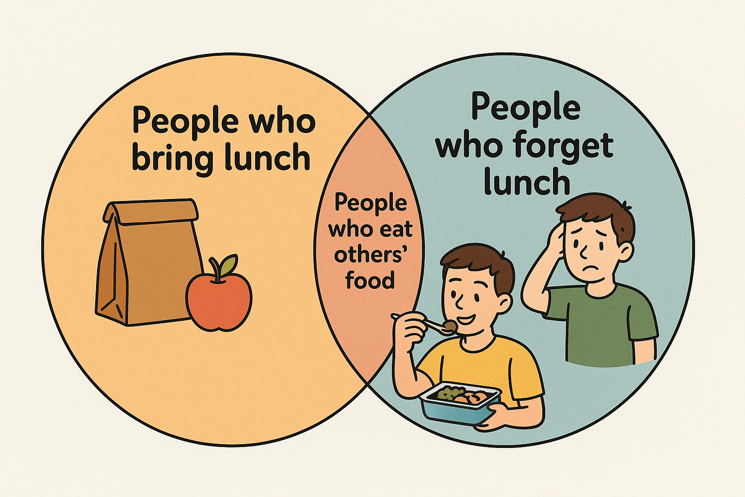 We all know that there are some people who bring lunch, and some who forget, but we all end up eating others' food so that we can try each others' food. So here, whether we bring our own food or not, we end up eating others food, hence, the intersection.